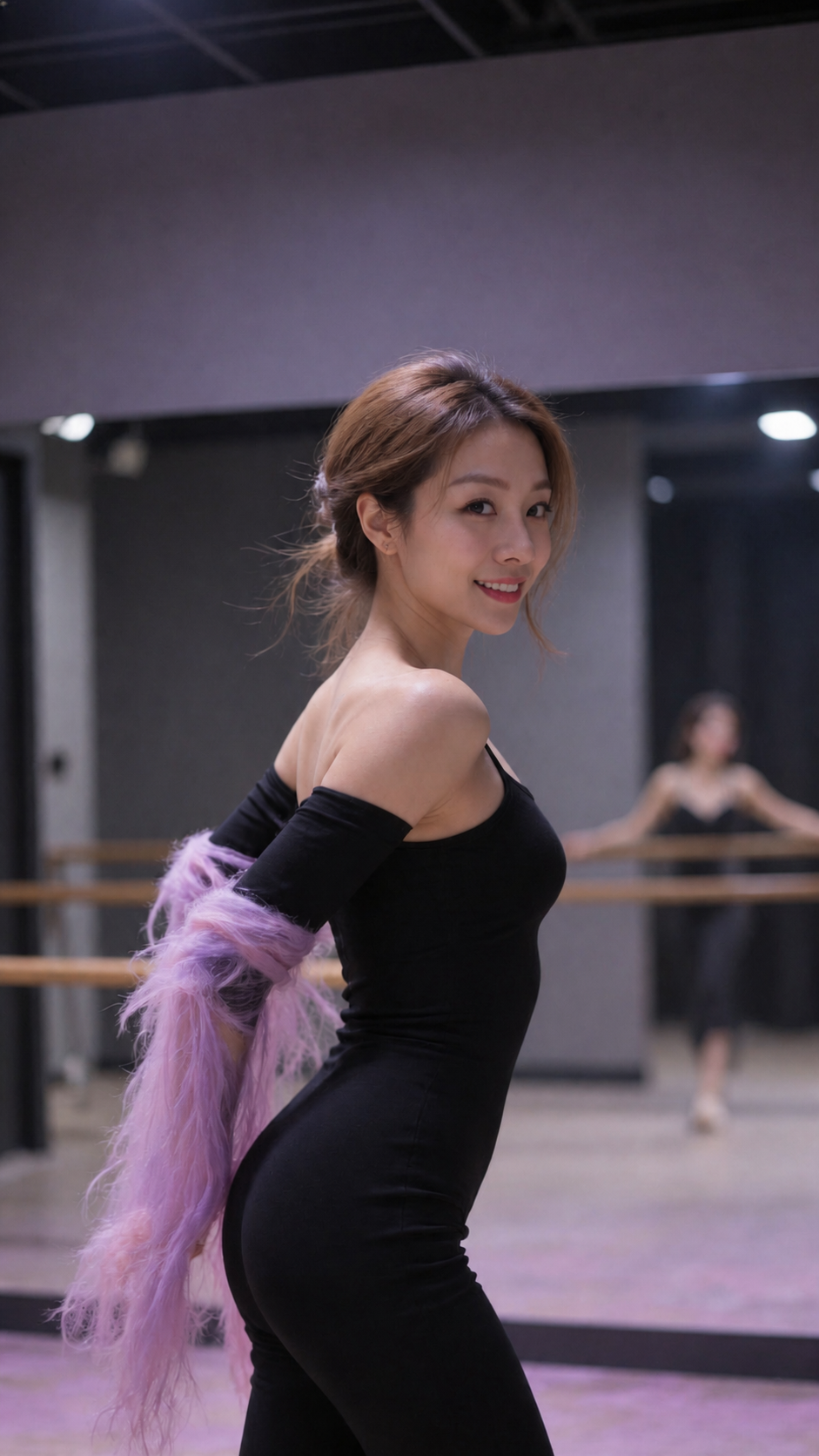 AI 创作：舞蹈室内，搭配紫色羽饰的女性回眸微笑