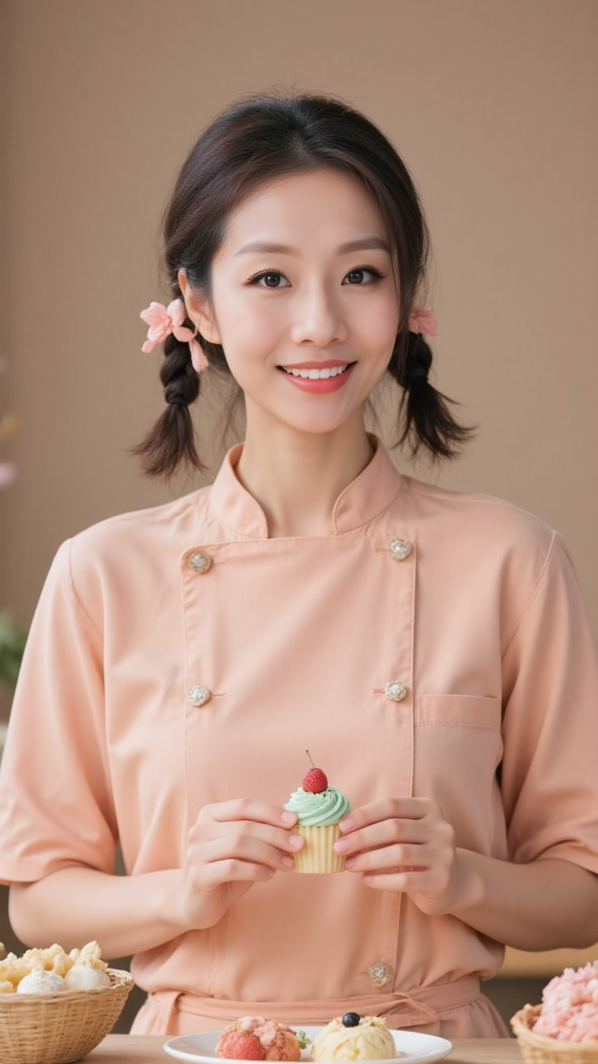 身穿蜜桃色厨师服、扎着双辫的女性微笑捧着莓果纸杯蛋糕