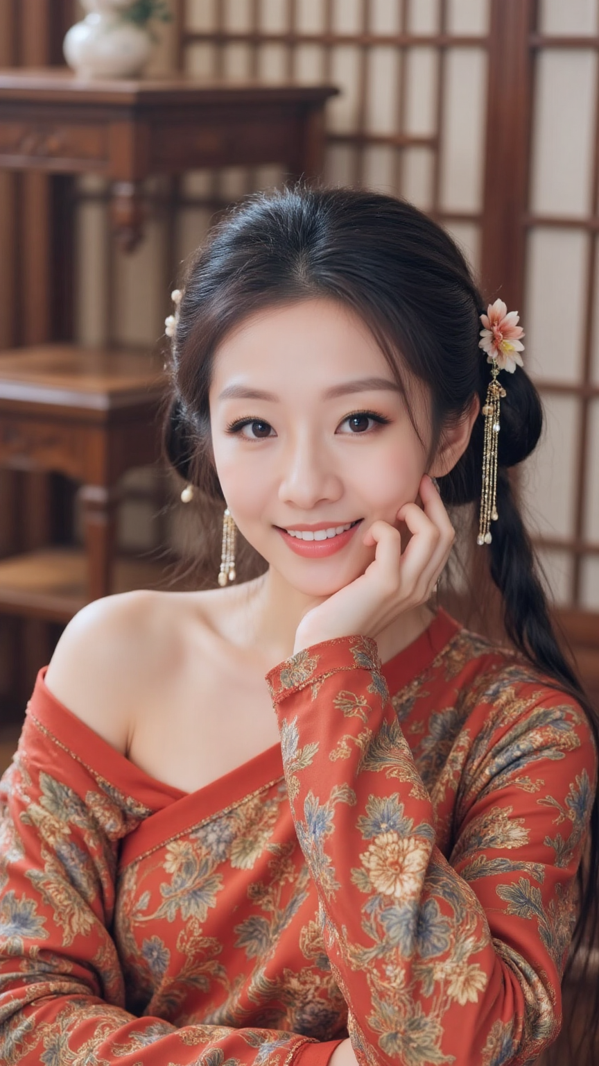 佩戴花饰与流苏的女性身着朱红花纹锦衣，轻托脸颊微笑