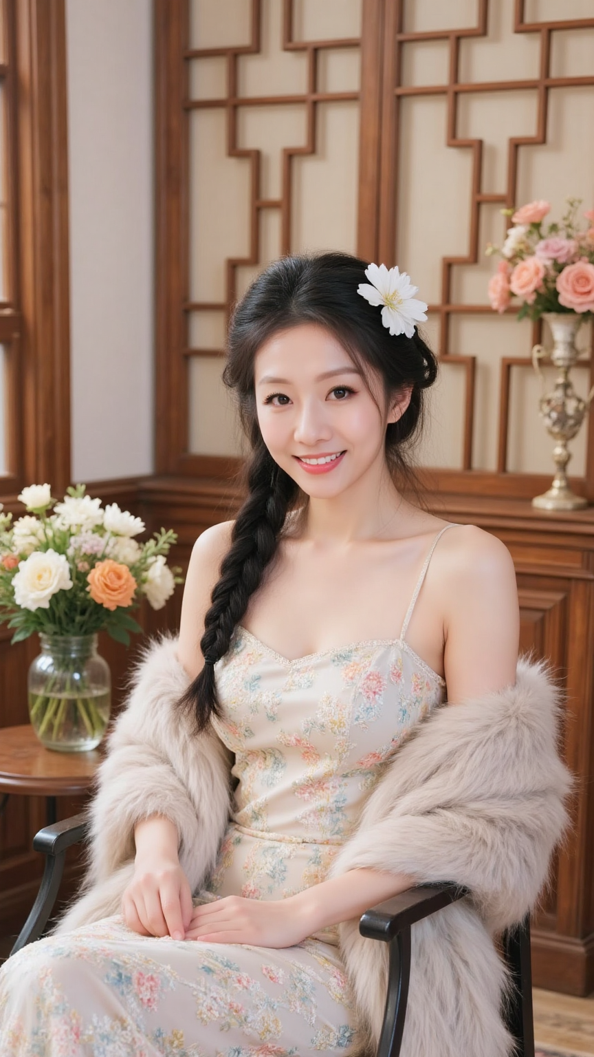 木格花窗前，佩戴白花、身着浅色花裙与柔软披肩的女性微笑而坐