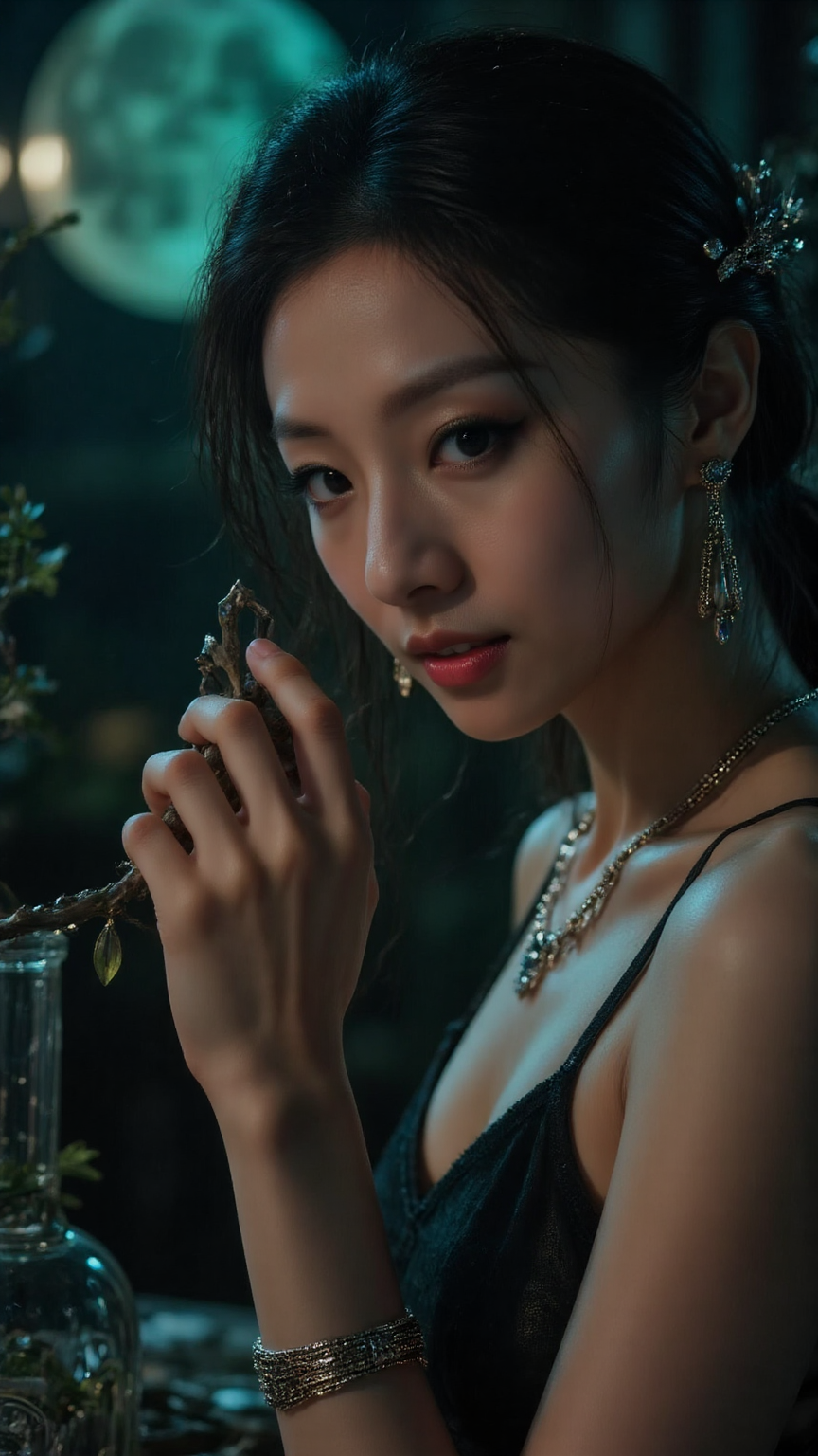 青色月光氛围下，佩戴精致首饰的女性手持枝条凝望镜头